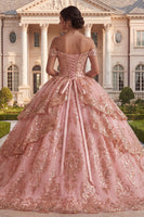 Laden Sie das Bild in den Galerie-Viewer, Schulterfreies, rosafarbenes Rüschenballkleid Quinceañera-Kleid