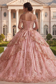 Schulterfreies, rosafarbenes Rüschenballkleid Quinceañera-Kleid
