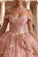 Laden Sie das Bild in den Galerie-Viewer, Schulterfreies, rosafarbenes Rüschenballkleid Quinceañera-Kleid