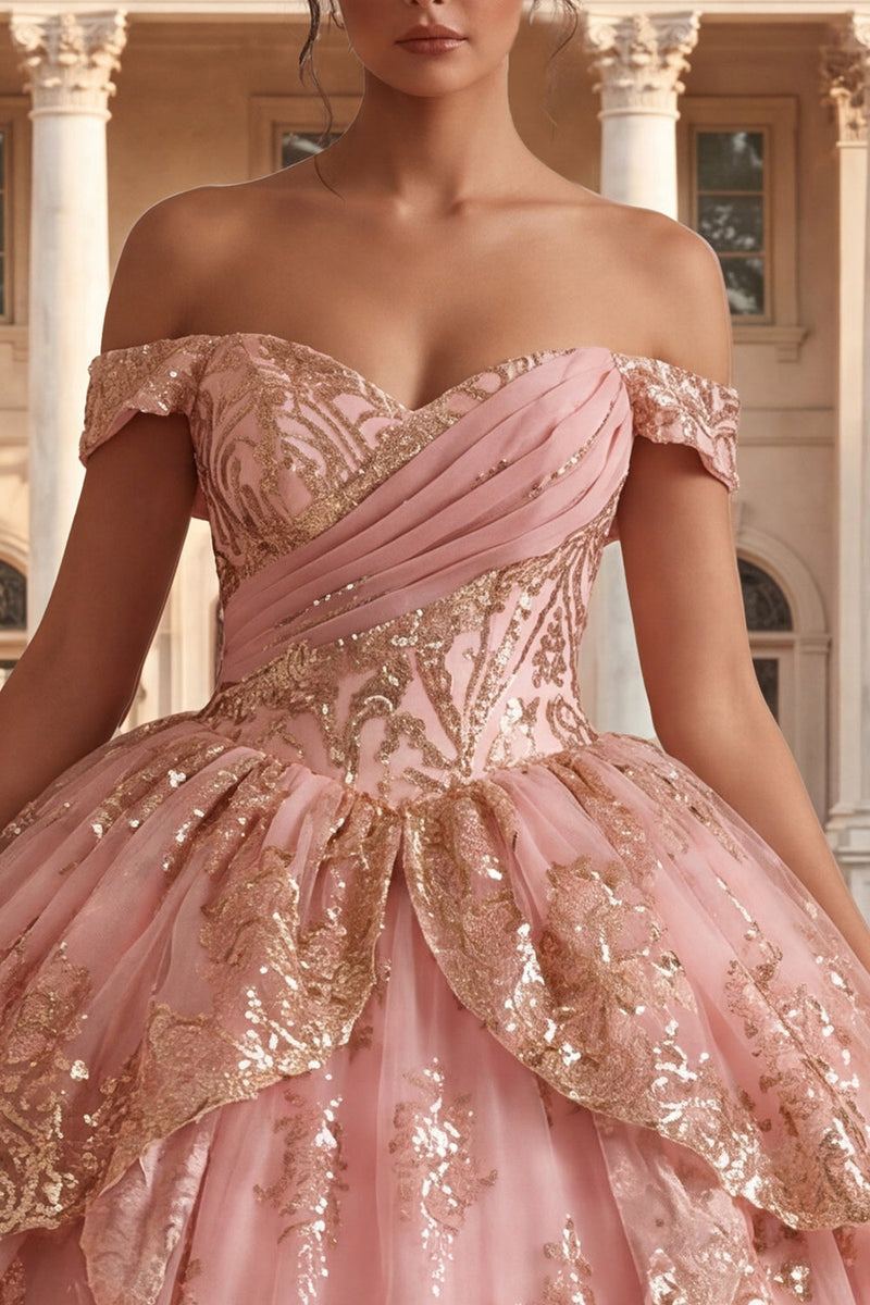 Laden Sie das Bild in den Galerie-Viewer, Schulterfreies, rosafarbenes Rüschenballkleid Quinceañera-Kleid