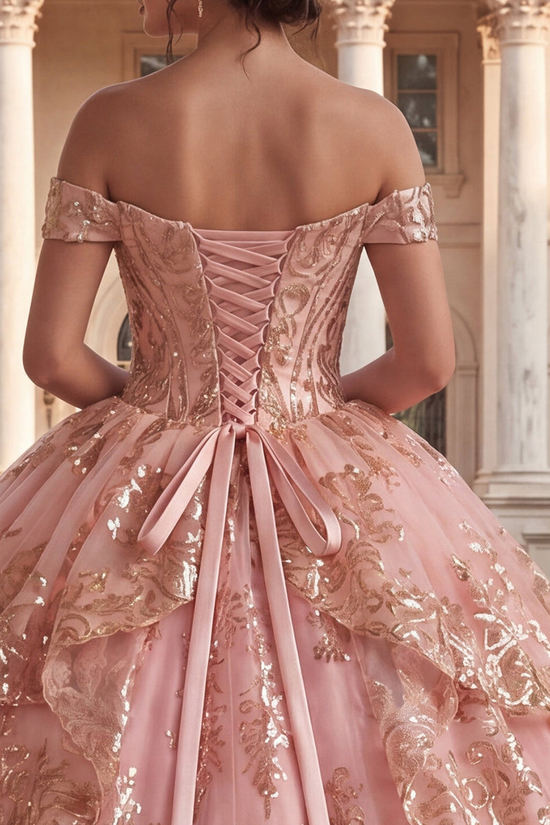 Laden Sie das Bild in den Galerie-Viewer, Schulterfreies, rosafarbenes Rüschenballkleid Quinceañera-Kleid