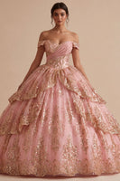 Laden Sie das Bild in den Galerie-Viewer, Schulterfreies, rosafarbenes Rüschenballkleid Quinceañera-Kleid