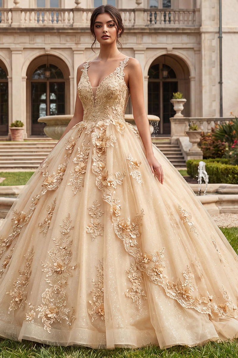 Laden Sie das Bild in den Galerie-Viewer, Champagnerballkleid mit V-Ausschnitt appliquiertes Quinceañera-Kleid