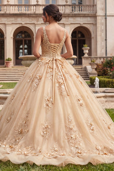 Champagnerballkleid mit V-Ausschnitt appliquiertes Quinceañera-Kleid