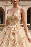 Laden Sie das Bild in den Galerie-Viewer, Champagnerballkleid mit V-Ausschnitt appliquiertes Quinceañera-Kleid