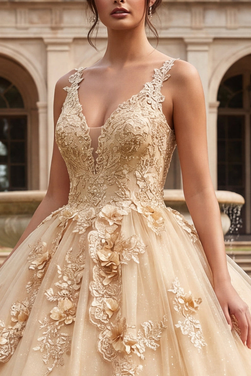 Laden Sie das Bild in den Galerie-Viewer, Champagnerballkleid mit V-Ausschnitt appliquiertes Quinceañera-Kleid