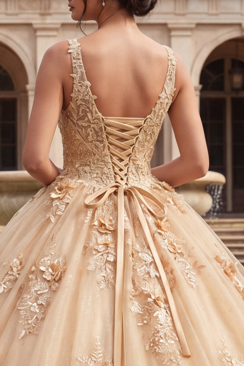 Laden Sie das Bild in den Galerie-Viewer, Champagnerballkleid mit V-Ausschnitt appliquiertes Quinceañera-Kleid