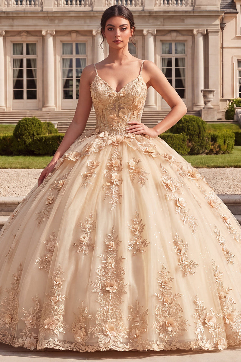 Laden Sie das Bild in den Galerie-Viewer, Ballkleid, Korsett, Champagner-Quinceañera-Kleid mit 3D-Blumen