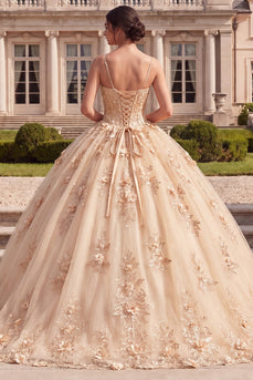 Ballkleid, Korsett, Champagner-Quinceañera-Kleid mit 3D-Blumen