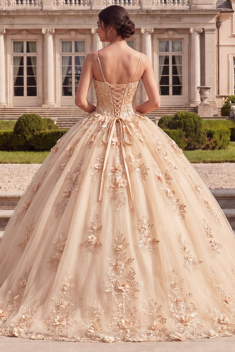 Laden Sie das Bild in den Galerie-Viewer, Ballkleid, Korsett, Champagner-Quinceañera-Kleid mit 3D-Blumen