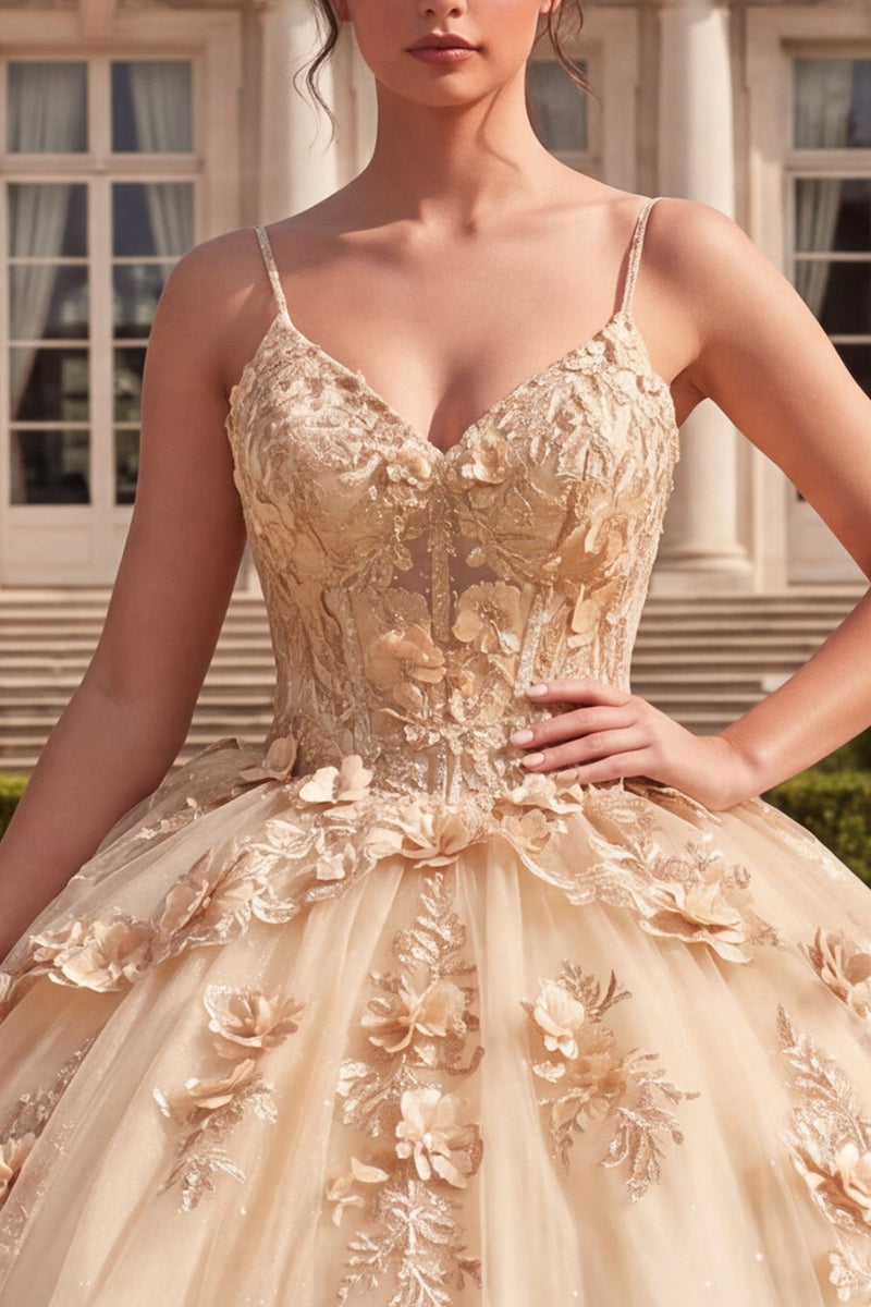 Laden Sie das Bild in den Galerie-Viewer, Ballkleid, Korsett, Champagner-Quinceañera-Kleid mit 3D-Blumen