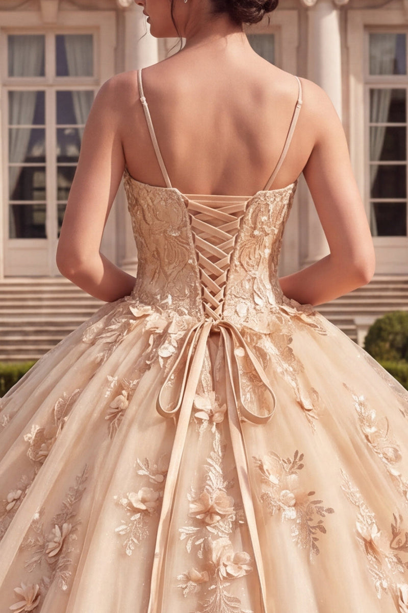 Laden Sie das Bild in den Galerie-Viewer, Ballkleid, Korsett, Champagner-Quinceañera-Kleid mit 3D-Blumen