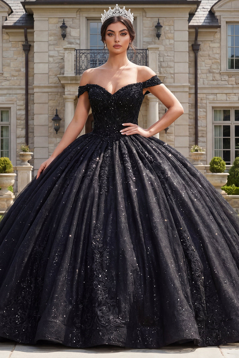 Laden Sie das Bild in den Galerie-Viewer, Ballkleid, schwarzes Korsett, schulterfreies Quinceañera-Kleid