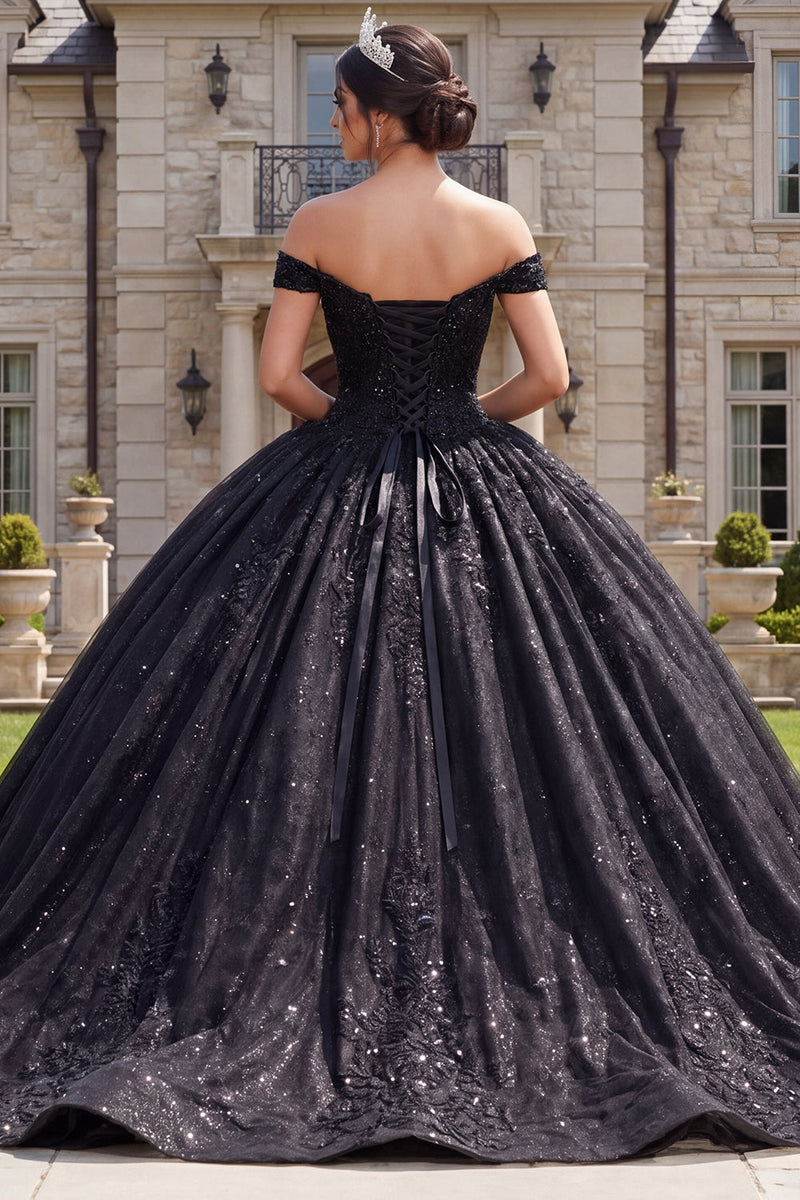 Laden Sie das Bild in den Galerie-Viewer, Ballkleid, schwarzes Korsett, schulterfreies Quinceañera-Kleid