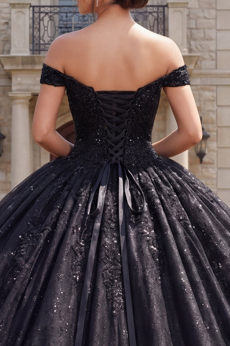 Laden Sie das Bild in den Galerie-Viewer, Ballkleid, schwarzes Korsett, schulterfreies Quinceañera-Kleid
