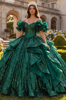 Laden Sie das Bild in den Galerie-Viewer, Dunkelgrünes Ballkleid mit Rüschen von den Schultern und Quinceañera-Kleid