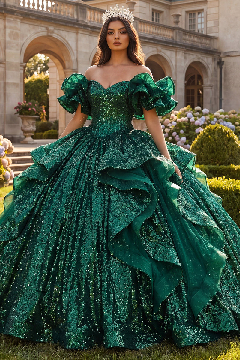Laden Sie das Bild in den Galerie-Viewer, Dunkelgrünes Ballkleid mit Rüschen von den Schultern und Quinceañera-Kleid