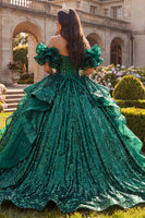 Laden Sie das Bild in den Galerie-Viewer, Dunkelgrünes Ballkleid mit Rüschen von den Schultern und Quinceañera-Kleid