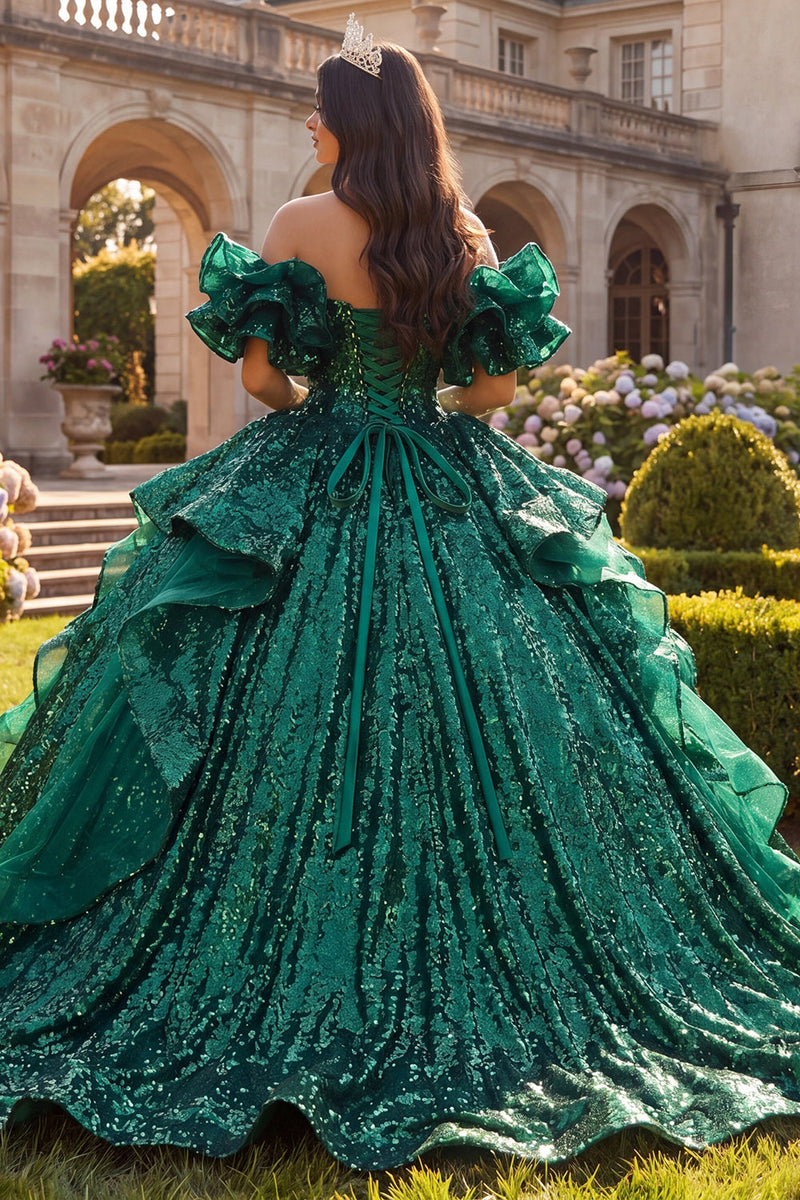 Laden Sie das Bild in den Galerie-Viewer, Dunkelgrünes Ballkleid mit Rüschen von den Schultern und Quinceañera-Kleid