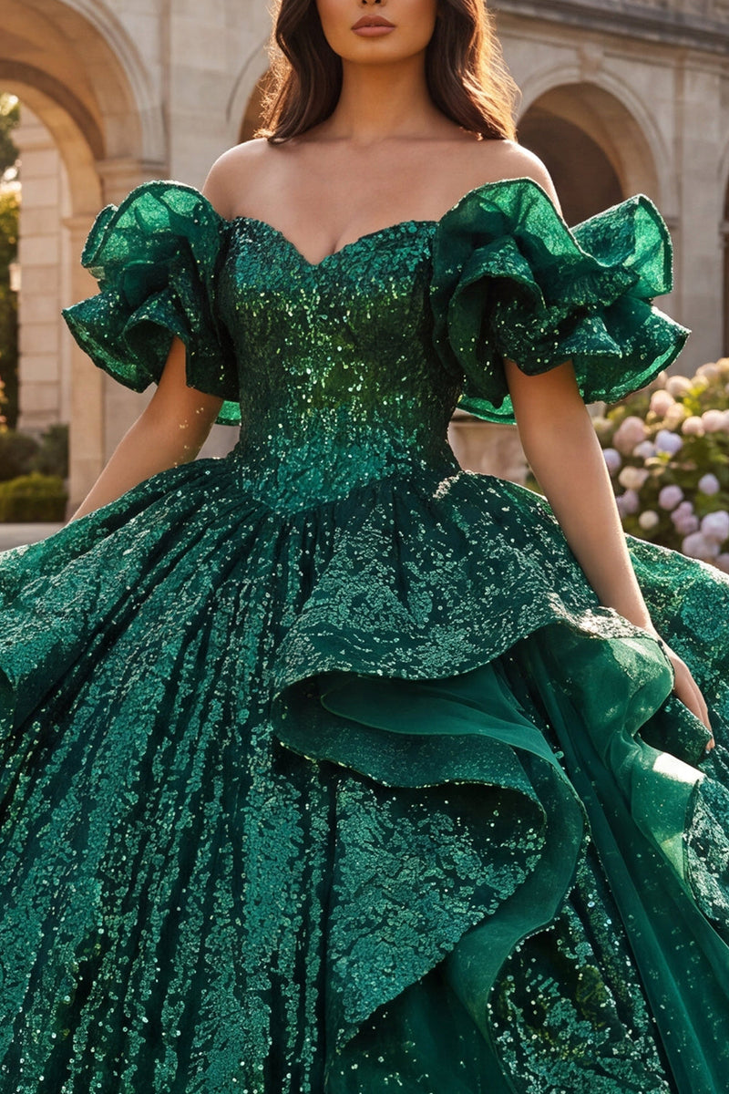 Laden Sie das Bild in den Galerie-Viewer, Dunkelgrünes Ballkleid mit Rüschen von den Schultern und Quinceañera-Kleid