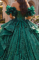 Laden Sie das Bild in den Galerie-Viewer, Dunkelgrünes Ballkleid mit Rüschen von den Schultern und Quinceañera-Kleid