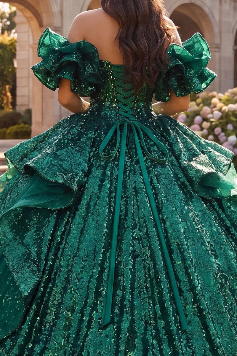 Laden Sie das Bild in den Galerie-Viewer, Dunkelgrünes Ballkleid mit Rüschen von den Schultern und Quinceañera-Kleid