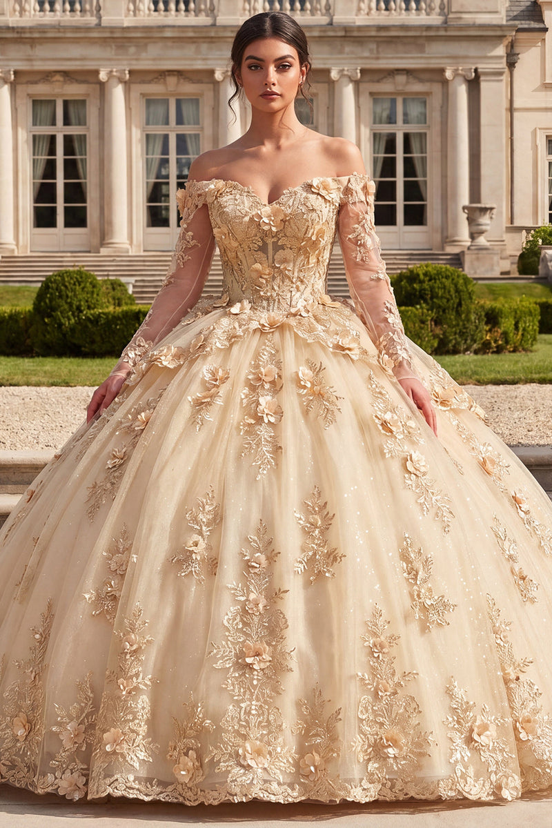Laden Sie das Bild in den Galerie-Viewer, Korsett-Champagner-Off-the-Shoulder-Ballkleid Quinceañera-Kleid mit 3D-Blumen