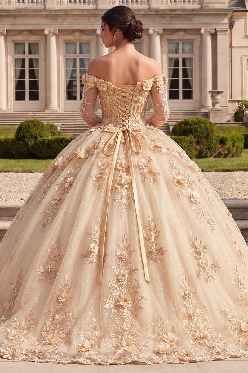 Laden Sie das Bild in den Galerie-Viewer, Korsett-Champagner-Off-the-Shoulder-Ballkleid Quinceañera-Kleid mit 3D-Blumen