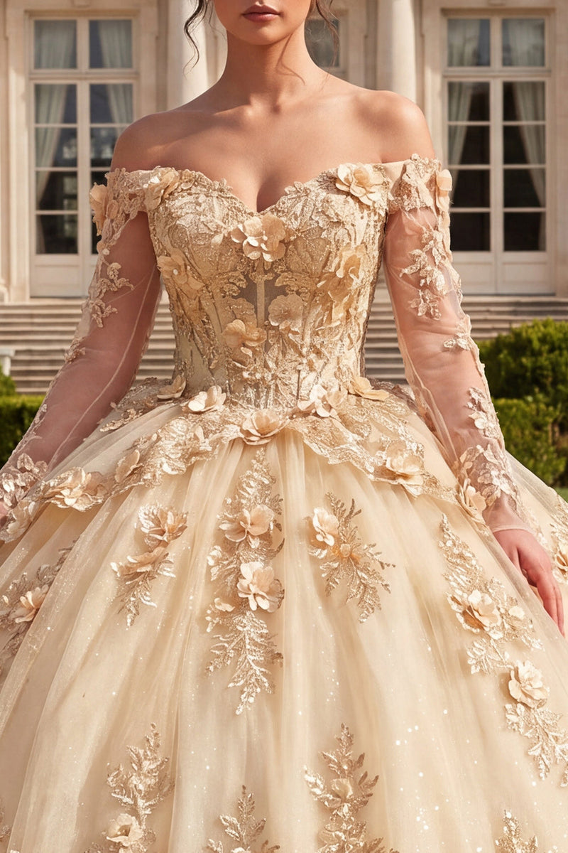 Laden Sie das Bild in den Galerie-Viewer, Korsett-Champagner-Off-the-Shoulder-Ballkleid Quinceañera-Kleid mit 3D-Blumen