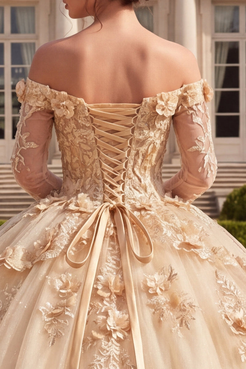 Laden Sie das Bild in den Galerie-Viewer, Korsett-Champagner-Off-the-Shoulder-Ballkleid Quinceañera-Kleid mit 3D-Blumen