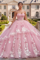 Laden Sie das Bild in den Galerie-Viewer, Ballkleid: Trägerloses Korsett, rosa geblümtes Quinceañera-Kleid