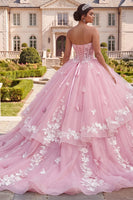 Laden Sie das Bild in den Galerie-Viewer, Ballkleid: Trägerloses Korsett, rosa geblümtes Quinceañera-Kleid