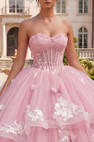 Laden Sie das Bild in den Galerie-Viewer, Ballkleid: Trägerloses Korsett, rosa geblümtes Quinceañera-Kleid