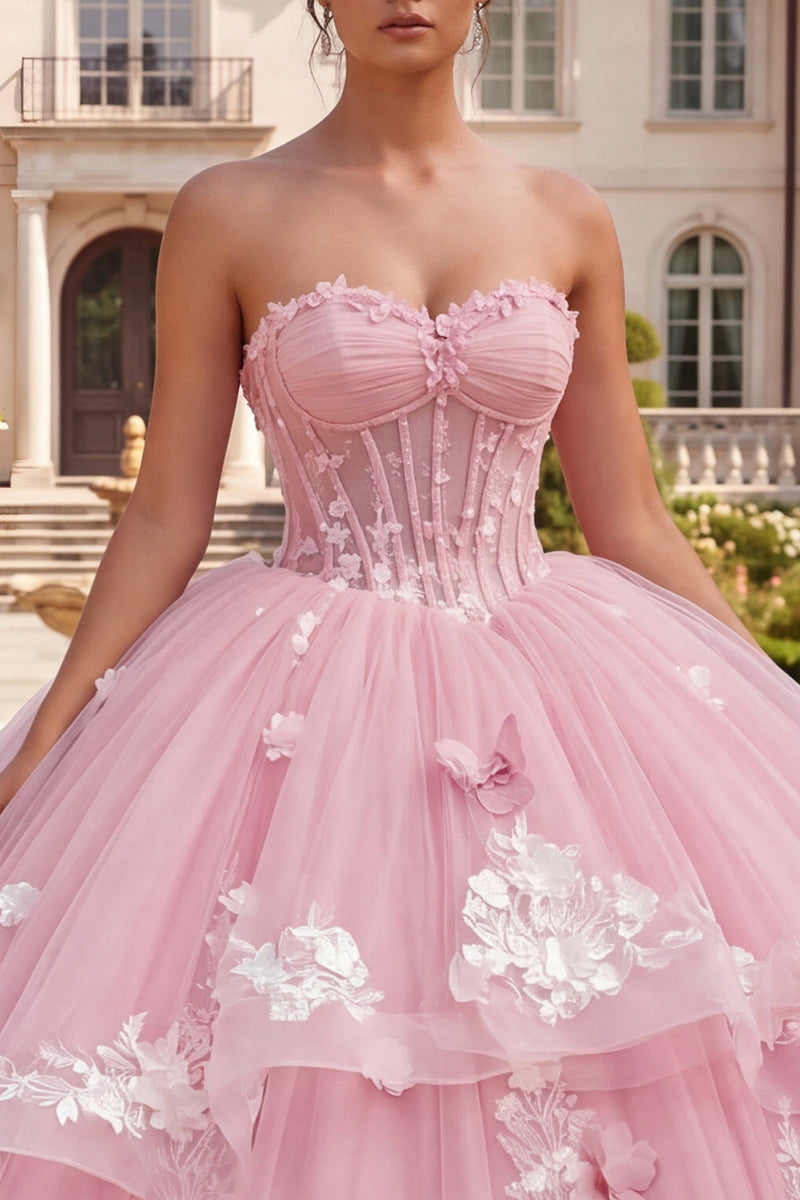 Laden Sie das Bild in den Galerie-Viewer, Ballkleid: Trägerloses Korsett, rosa geblümtes Quinceañera-Kleid
