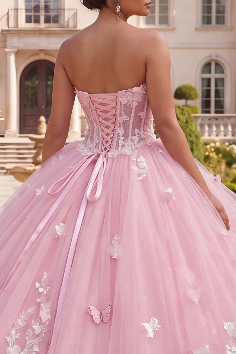 Laden Sie das Bild in den Galerie-Viewer, Ballkleid: Trägerloses Korsett, rosa geblümtes Quinceañera-Kleid