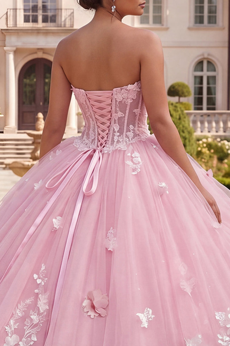 Laden Sie das Bild in den Galerie-Viewer, Trägerloses Korsett Rosa Geblümtes Quinceañera Kleid