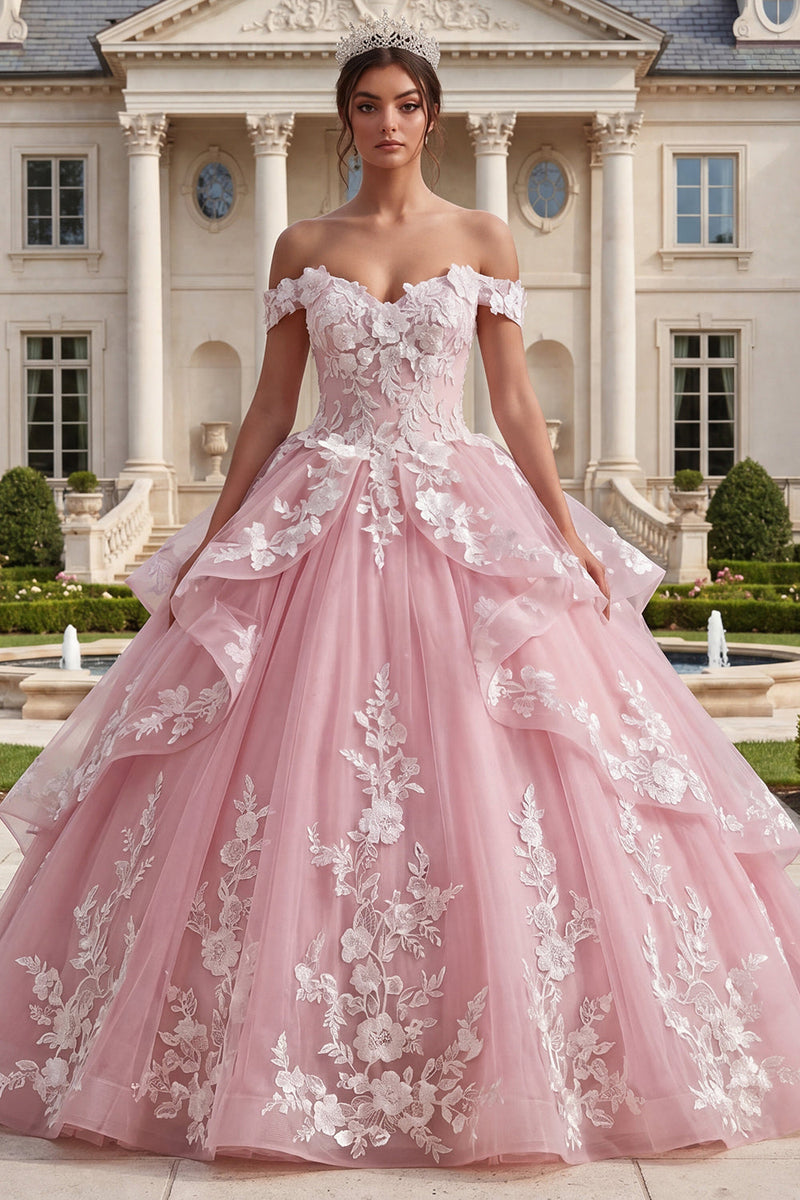 Laden Sie das Bild in den Galerie-Viewer, Pink, schulterlos, appliziertes Ballkleid mit Rüschen, Quinceañera-Kleid