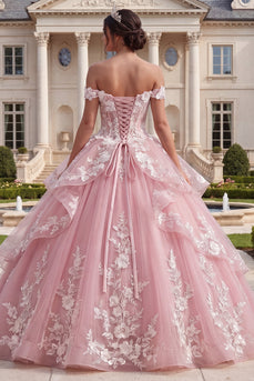 Pink, schulterlos, appliziertes Ballkleid mit Rüschen, Quinceañera-Kleid