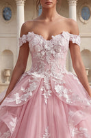 Laden Sie das Bild in den Galerie-Viewer, Pink, schulterlos, appliziertes Ballkleid mit Rüschen, Quinceañera-Kleid