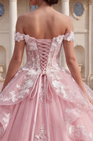 Laden Sie das Bild in den Galerie-Viewer, Pink, schulterlos, appliziertes Ballkleid mit Rüschen, Quinceañera-Kleid