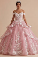Laden Sie das Bild in den Galerie-Viewer, Pink, schulterlos, appliziertes Ballkleid mit Rüschen, Quinceañera-Kleid