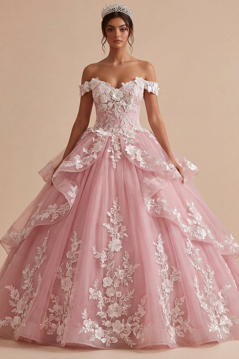 Laden Sie das Bild in den Galerie-Viewer, Pink, schulterlos, appliziertes Ballkleid mit Rüschen, Quinceañera-Kleid