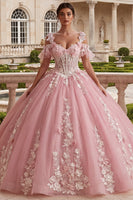 Laden Sie das Bild in den Galerie-Viewer, Kaltschulterrosa appliquiertes Ballkleid Quinceañera-Kleid