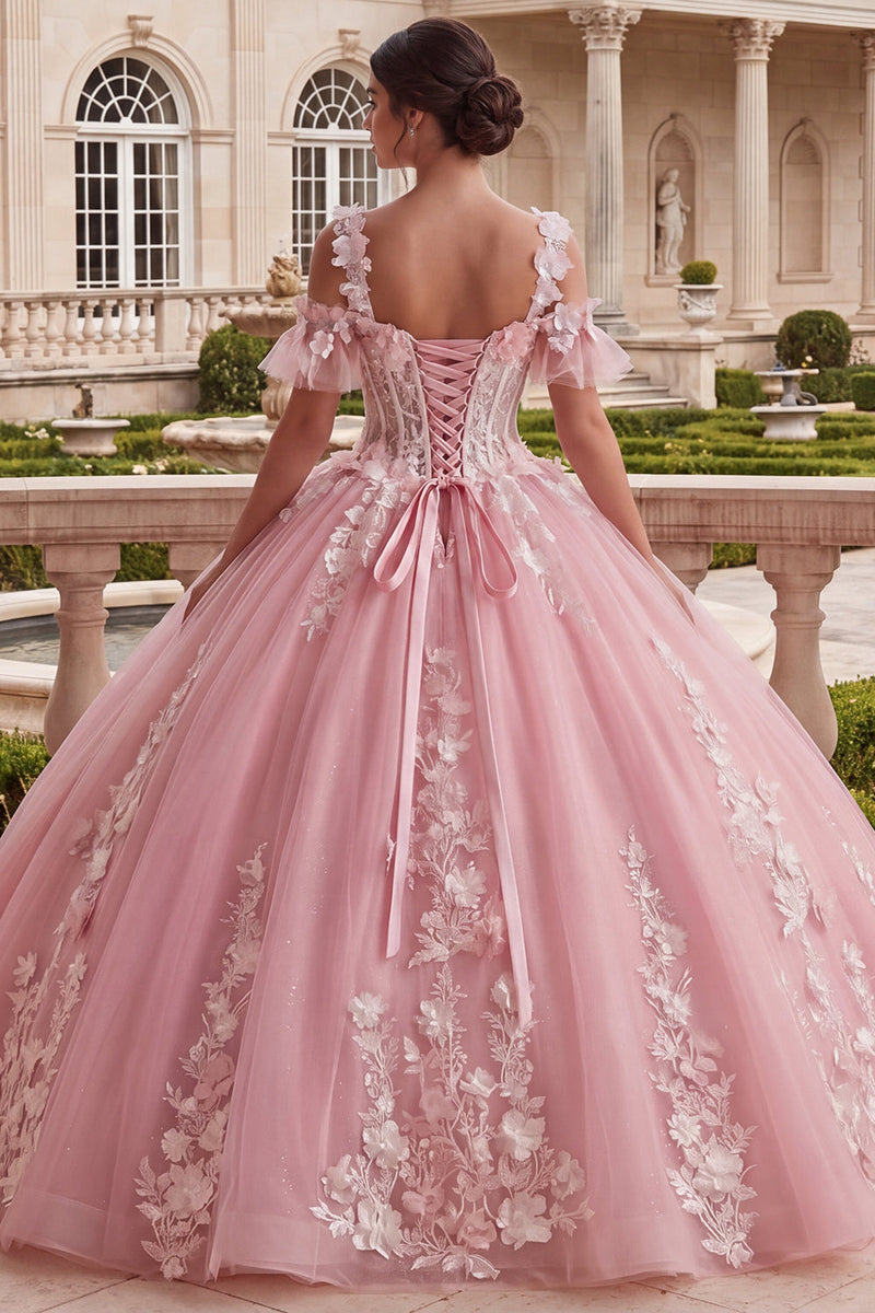 Laden Sie das Bild in den Galerie-Viewer, Kaltschulterrosa appliquiertes Ballkleid Quinceañera-Kleid