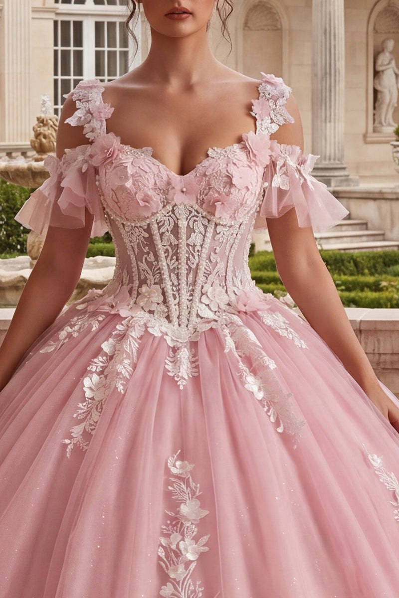 Laden Sie das Bild in den Galerie-Viewer, Kaltschulterrosa appliquiertes Ballkleid Quinceañera-Kleid