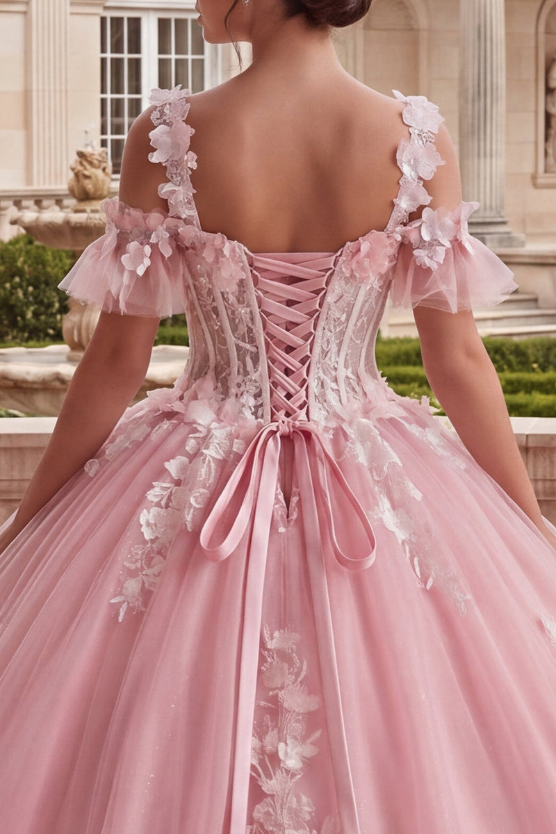 Laden Sie das Bild in den Galerie-Viewer, Kaltschulterrosa appliquiertes Ballkleid Quinceañera-Kleid