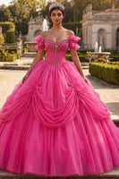 Laden Sie das Bild in den Galerie-Viewer, Fuchsiafarbenes schulterloses Ballkleid mit Perlen, Quinceañera-Kleid