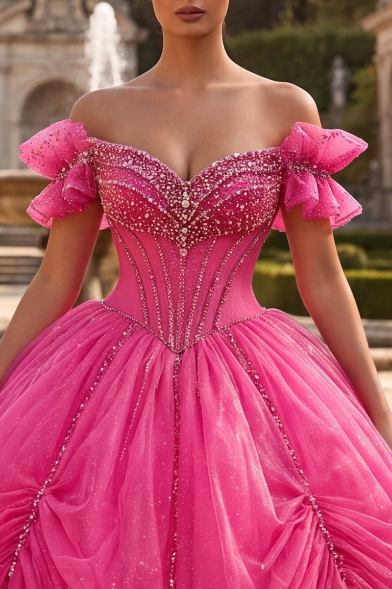 Laden Sie das Bild in den Galerie-Viewer, Fuchsiafarbenes schulterloses Ballkleid mit Perlen, Quinceañera-Kleid