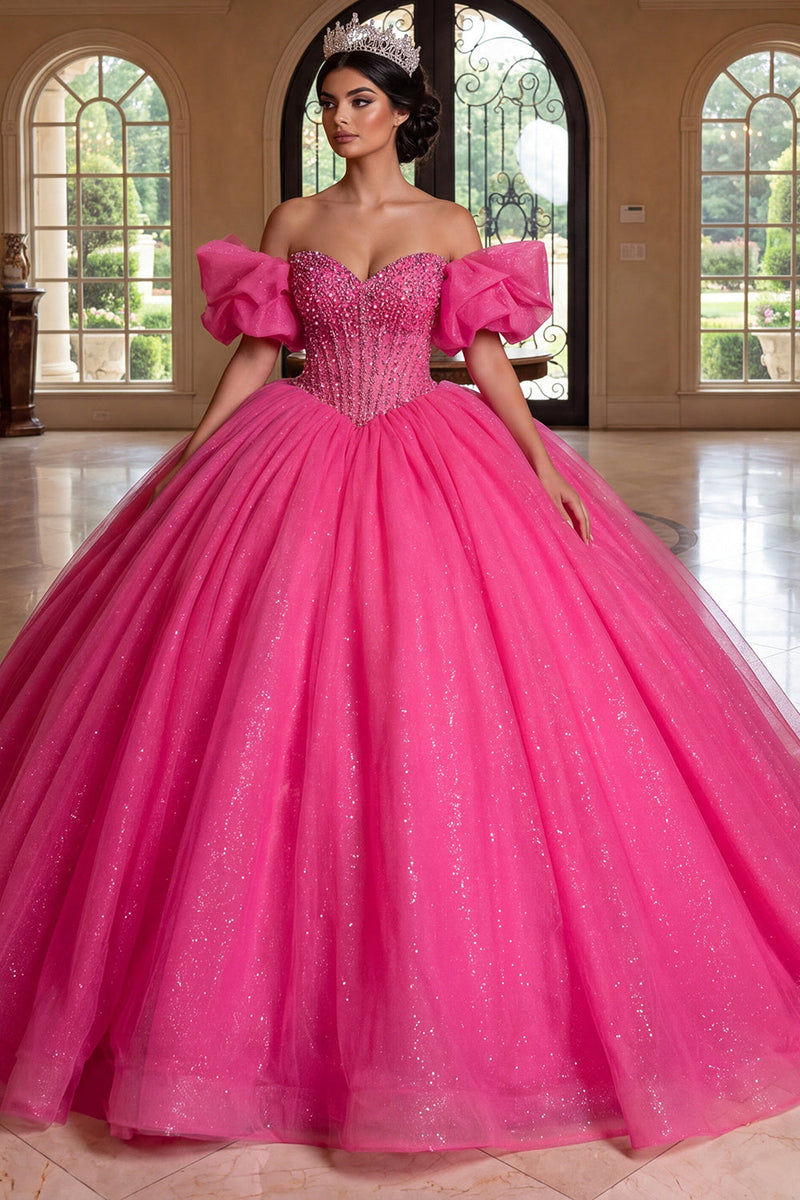 Laden Sie das Bild in den Galerie-Viewer, Glitzerndes schulterfreies Fuchsiafarbenes Korsett, Ballkleid, Quinceañera-Kleid