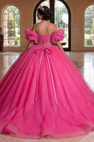 Laden Sie das Bild in den Galerie-Viewer, Glitzerndes schulterfreies Fuchsiafarbenes Korsett, Ballkleid, Quinceañera-Kleid